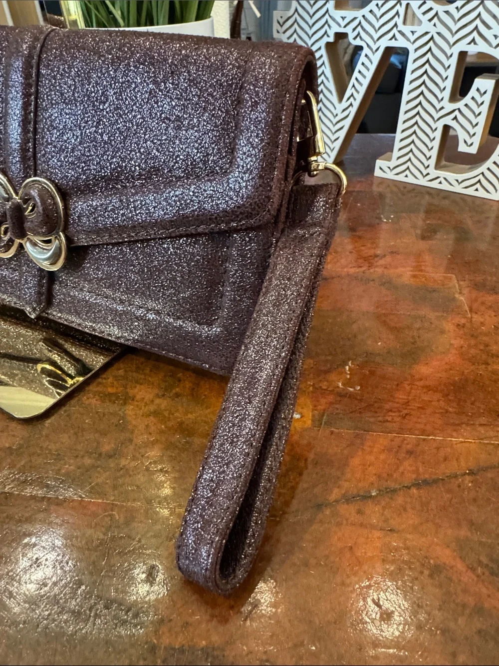 RADLEY LONDON Maroon Glitter Wristlet Clutch with Gold-Tone Clasp